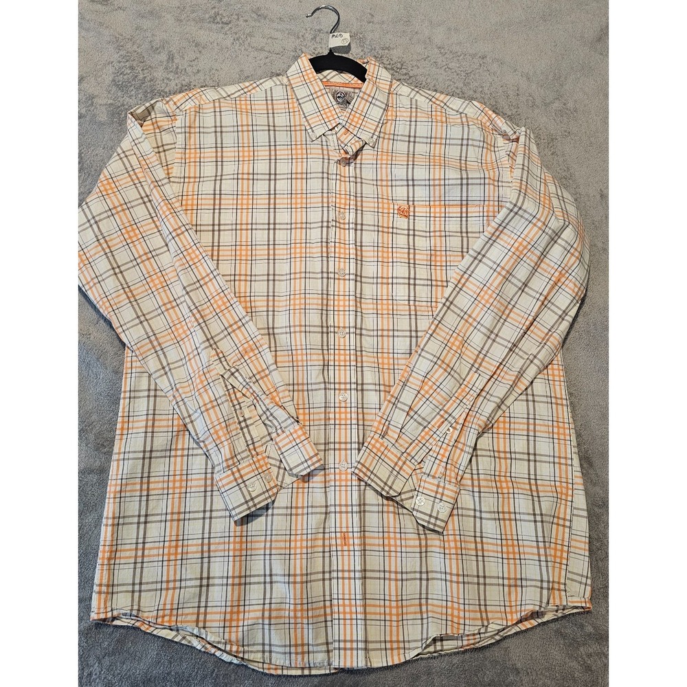 Cinch Shirt Mens Medium Orange Plaid Button Front Long Sleeve Casual Pocket M